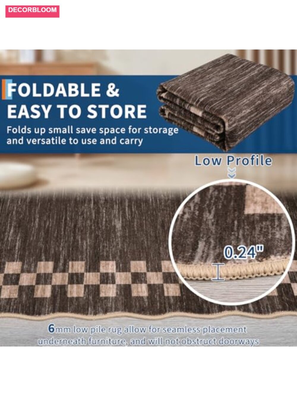 8x10 Washable Low Pile Polyester Area Rug with Scalloped Edge, Non Slip Stain - Picture 3 of 6